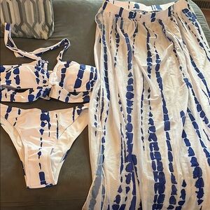 Blue and White Bikini Set with Cover-Up